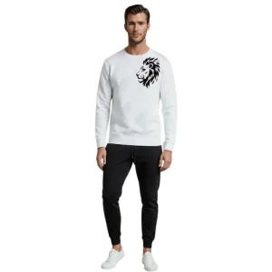LION Printed White Tracksuit Sweatshirt & Trouser  | Warm & Comfortable Winter Wear