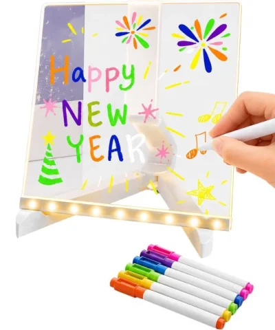 8×8 Inches LED Acrylic Writing Board with USB Light | 7 Colorful Erasable Pens |  Message Board with Markers & Stand