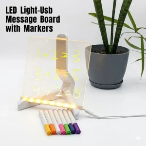 6x6 Inches LED Acrylic Writing Board with USB Light | 7 Colorful Erasable Pens | Message Board with Markers & Stand