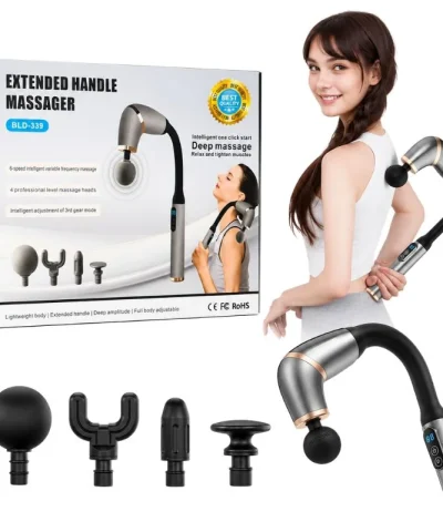 Long Handle Fascial Gun Massager | Model: BLD-339 |  Rechargeable Massage Gun with 4 Interchangeable Heads | Full Body Muscle Relaxation