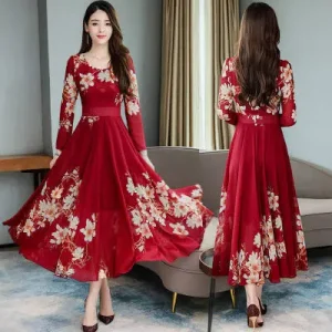 2025 Long Sleeve Floral Red Dress for Women