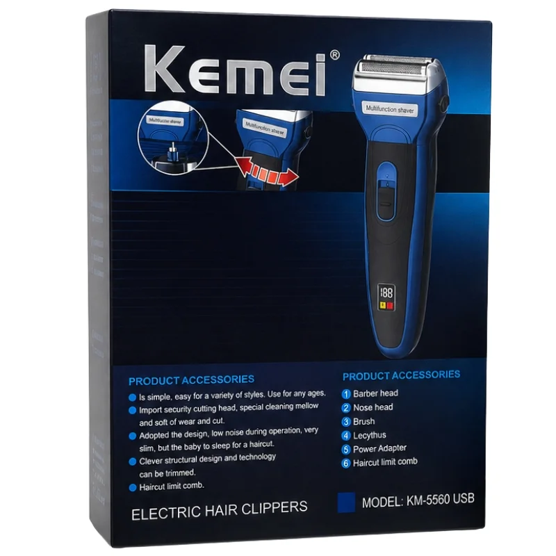 Kemei USB Electric Hair Clipper | Model KM-5560 | Rechargeable Hair Trimmer with Nose Trimmer Attachment | Professional Grooming Kit - Image 2