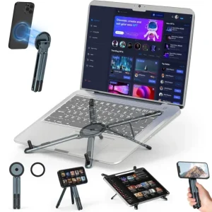 3-in-1 Magnetic Foldable  Stand |Model K001 | Aluminum Alloy Phone laptop & Tablet Holder | 8-Level Adjustable Height | 360° Rotating Base | Portable Travel Stand